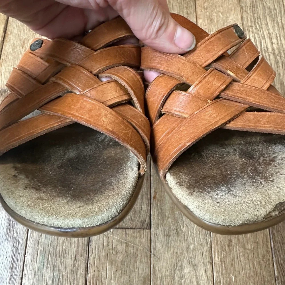 Vintage 80s Bass Sunjuns Women's Brown Leather Woven Wedge Slide‎ Sandals 7.5